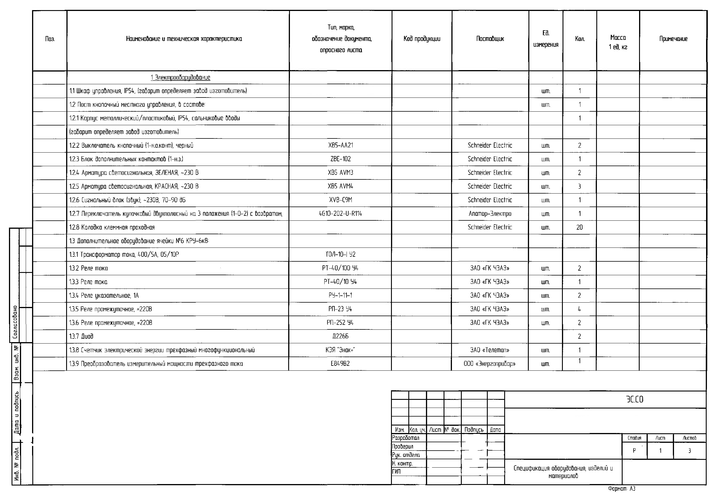 Образец спецификации на оборудование